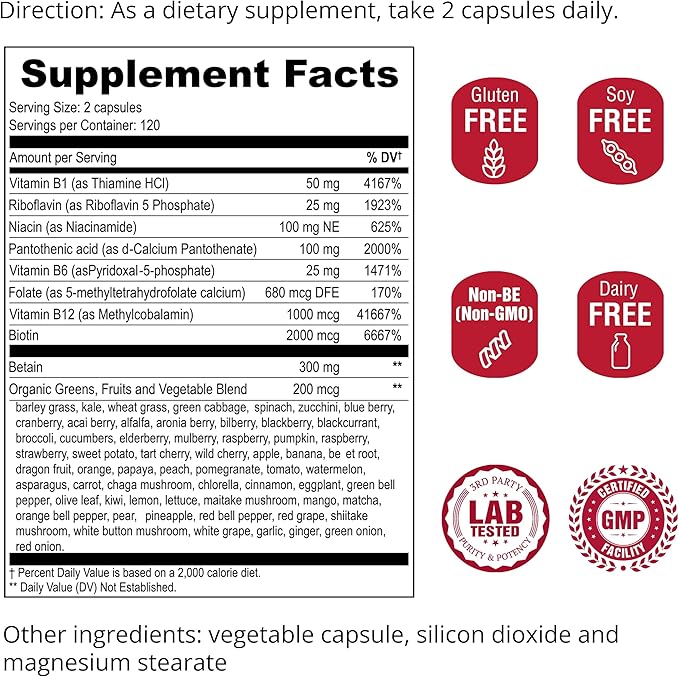 UpNourish メチル化B複合体ビタミン 女性と男性用、240植物性カプセル - オーガニック果物、野菜、B1チアミン、B2リボフラビン、B3ナイアシン、葉酸、メチルコバラミン配合の活性純粋B複合体