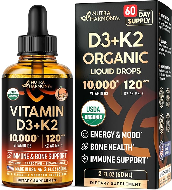 ビタミンD3 K2 USDAオーガニックドロップ - ビタミンD3 10000 IU & K2（MK-7として）120mcg - 免疫・気分サポート、骨・歯の健康 - 砂糖不使用オレンジフレーバー - 液体サプリメント - 米国製 - 2液量オンス、60日分