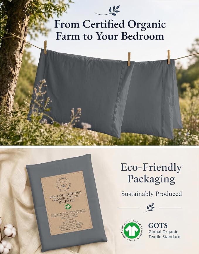 LANE LINEN King Size Fitted Sheet, 100% Organic Cotton, 3-Piece Set (1 Fitted Sheet,2 Pillowcases), Percale Weave, Ultra Soft, Breathable,Fits Mattress Upto 15" Deep - Charcoal (No Flat Sheet)