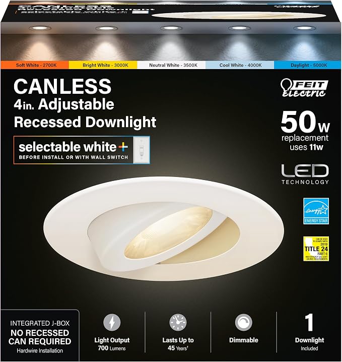 Feit Electric 4" LED Recessed Downlights with External Tethered Jbox, 50W Equivalent, Dimmable, 5CCT Seletable White, 90 CRI, 700 Lumens, 45-Year Lifetime, LEDR4XT/ADJ/6WYCA/4, 4 Pack