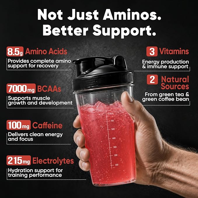 Sugar Free 7g BCAA + EAA Powder | Supports Muscle Recovery, Growth, Strength & Endurance – 10 Essential Amino Acids with L-Glutamine, Caffeine, Vitamin & Electrolyte for Energy & Hydration