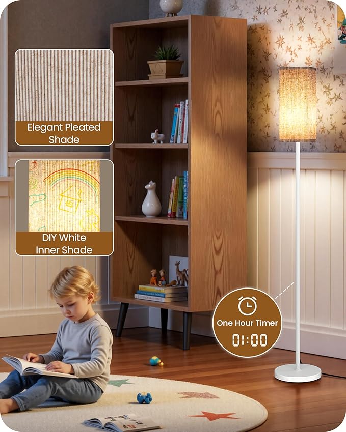64.2'' Dimmable Floor Lamp for Living Room with Remote and Foot Switch, Corner Floor Lamp for Bedroom, Includes 10W A19 Bulb, Modern Standing Tall Lamp, ETL Listed White and Beige WE17LD05