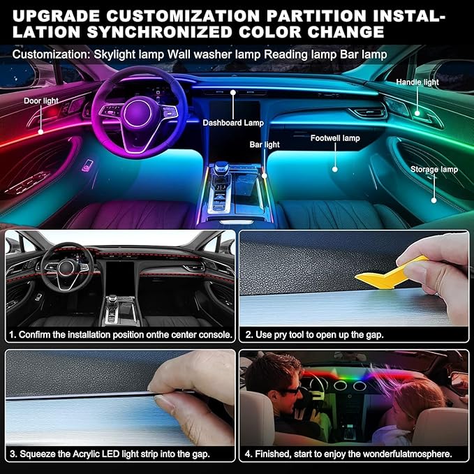Acrylic Interior Car LED Strip Light with APP Remote Control, 4 in 1 RGB Dreamcolor Neon Flexible Strip Fiber Optic LED Ambient Lighting Kits,RGB Music Lights Sync for Inside car Decorations