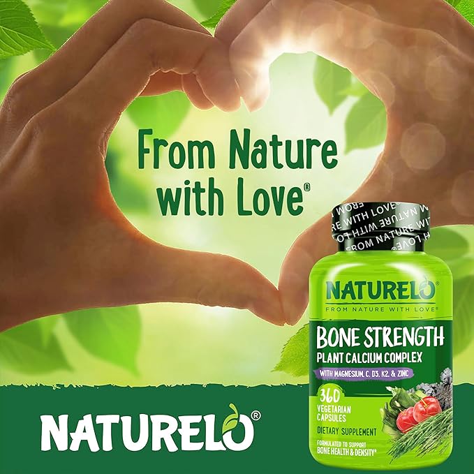 NATURELO Calcium Supplement with Vitamin C, D3, K2, and Magnesium Zinc for Bone Strength, 360 Vegetarian Capsules, with Calcium 600mg, Non-GMO, Plant-Based, Soy & Gluten-Free