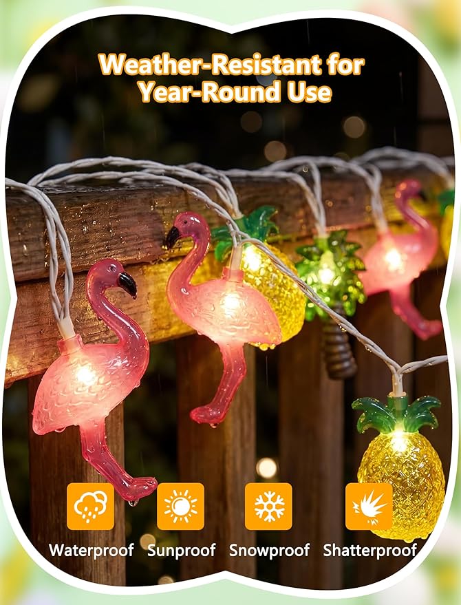8.5FT Hawaiian Tropical String Lights 10LED Plug in Fairy Lights – Flamingo Pineapple Palm Tree, Waterproof Connectable Outdoor Lights for Luau Party Beach Pool Patio Indoor Summer Decor, UL Listed