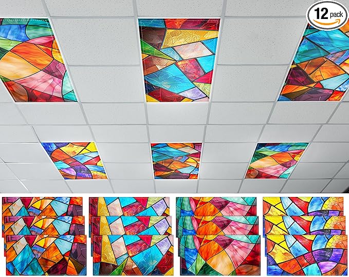 12 Pcs Fluorescent Light Covers with 120 Magnets Decorative for Classroom Ceiling Light 4 x 2 Feet Magnetic Light Covers Filter Easy Install for Office Home Drop Ceiling Supplies(Retro Glass Window)