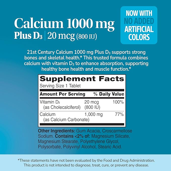 21st Century Calcium Plus D3 Tablets, (90 Count), 1000mg Calcium with Vitamin D3 20mcg (800 IU), Gluten-Free & Non-GMO, Bone Health Supplement for Men & Women, No Added Yeast or Artificial Flavors