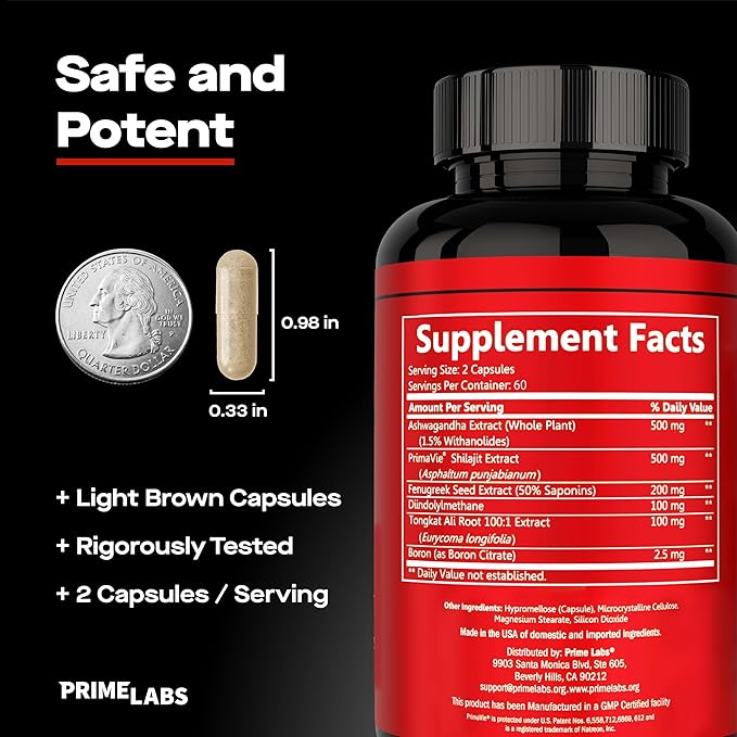 Prime Labs Prime Test Pro - Testosterone Supplement for Men - Test, Vitality, & Energy Booster - with Ashwagandha, PrimaVie Shilajit Extract, & DIM - 120 Capsules