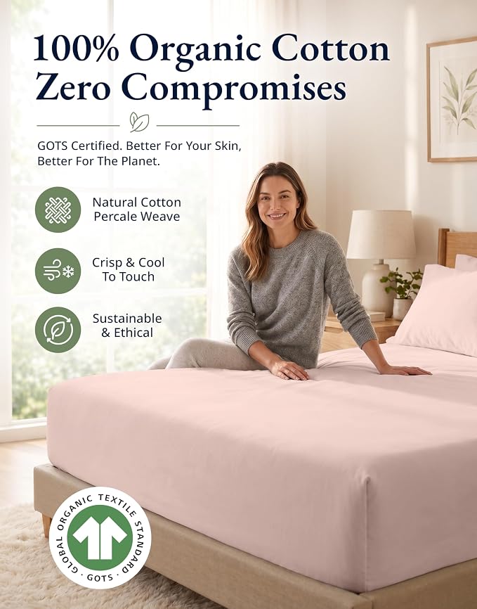 LANE LINEN 100% Organic Cotton Full Fitted Sheet & Pillowcases (No Flat Sheet) - Soft & Breathable Percale Weave Set - Hotel Quality Crispness - 15'' Deep Pocket - GOTS Certified - Sepia Rose