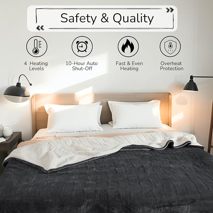 Electric Heated Blanket Queen Size 84"x90" – ETL Certified for Safe Overnight, 4 Heat Settings & 10H Auto Off, Dual-Sided Microplush Sherpa for Home Theater Night, Machine washable – Iron Gray