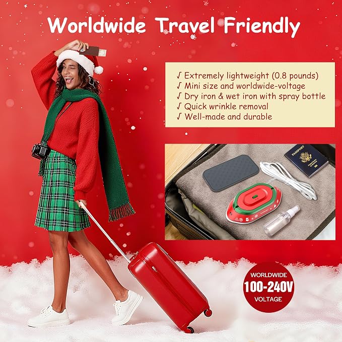 Newbealer Travel Iron Set, 100-240V Mini Dry Iron for Clothes (No Steam) | Max 300W, Heats in 60s, 302℉ Ceramic Soleplate, Handy Heat Press, 0.8lbs Lightweight for Quick Touch-ups, Classic Red w/ Case
