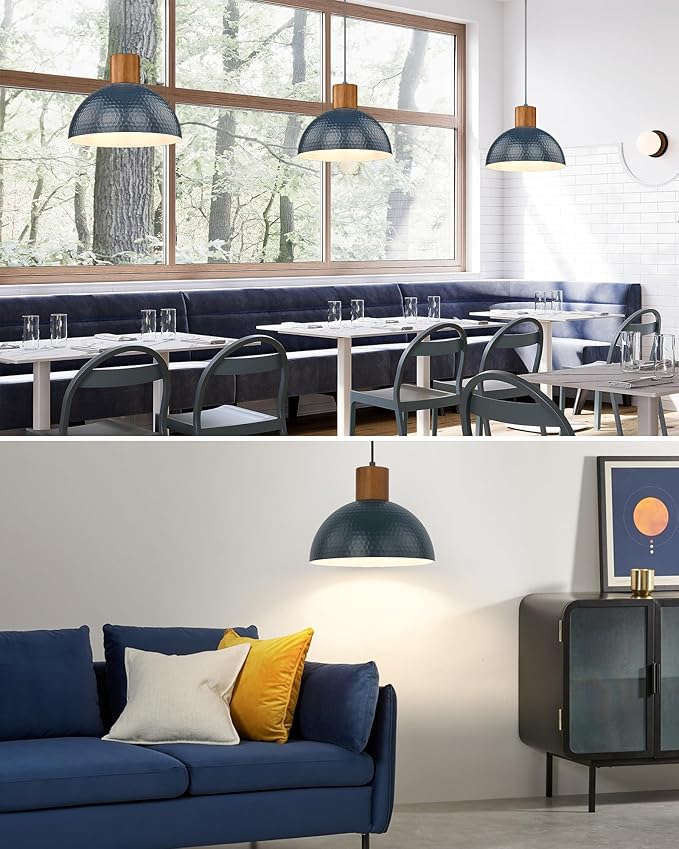 ELYONA Modern Hammered Pendant Light Fixtures with 12" Metal Shade Solid Wood Dome Hanging Pendant Light for Farmhouse Kitchen Island Dining Room Sink Bedroom Hallway Medium 2 Pack Blue