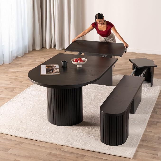 Transformer Table - Solid Wood Extendable Round Dining Table Set with Bench, Seats 4-10, Extendable Round Dining Set, Seat with Hidden Panel Storage, Dark Brown (Table + Bench)