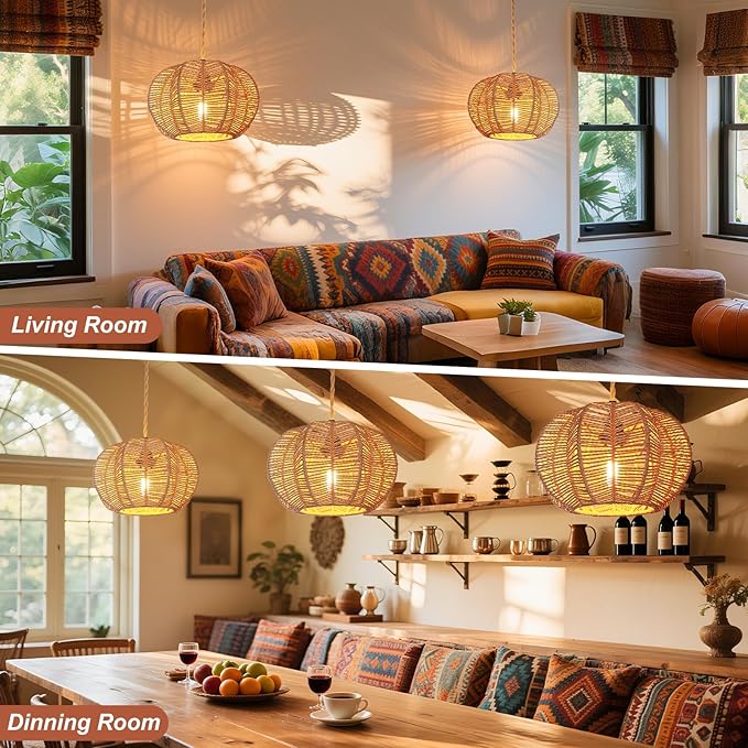 Hanging Lights with Plug in Cord Rattan Hanging Lamp Boho Ceiling Light Fixtures Farmhouse Pendant Lamp Shape for Living Room Bedroom Kitchen