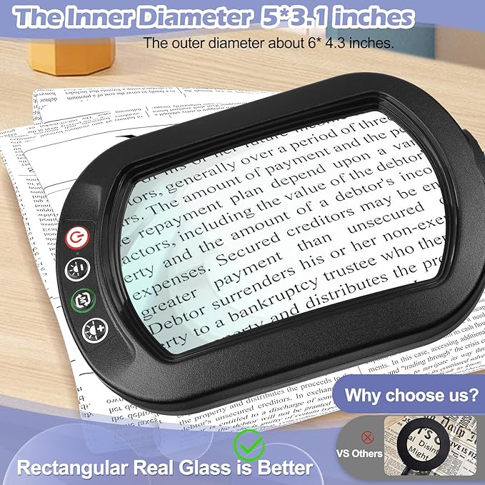 10X Square Magnifying Glass with Light and Stand, Real Glass LED Lighted Magnifier and Phone Holder, 5 Color Modes Stepless Dimmable, Hands-Free Desk Lamp for Craft Hobby Close Work Black and Holder