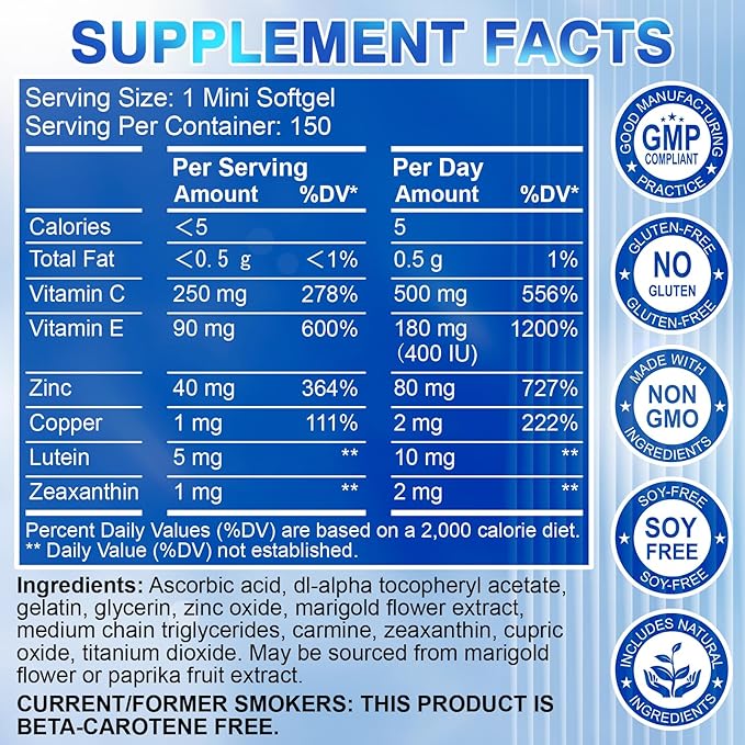 AREDS 2 Eye Vitamin & Mineral Supplement — Lutein and Zeaxanthin Supplement, Vitamin C & E, Zinc & Copper for Blue Light Protection, Eye Health Support, Eyebright , Eye Doctor Trusted — 150 Softgels