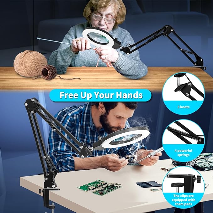 KIRKAS 12X Magnifying Glass with Light and Stand, Any Color Modes & Stepless Brightness LED Magnifying Lamp with Clamp, 2-in-1 Magnifier Glass Lens Desk Lamp for Reading(12X&30X Ring Base & Clamp)