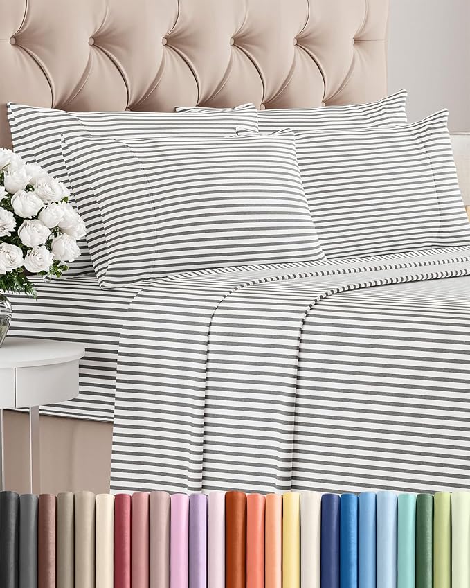 Queen 6 Piece Sheet Set - Comfy Breathable & Cooling - Soft Hotel Luxury Bedding Set with 8-16 Inch Deep Pockets - 1 Flat & 1 Fitted Sheet & 4 Pillowcases - Wrinkle Free & Easy Care - Grey Stripes 2