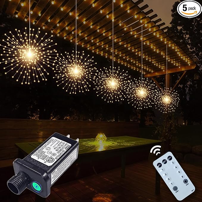 SHUKAN 5 Pcs 1000 LED Plug-in Starburst Sphere Lights, Firework Light 8 Modes Dimmable Remote Control Waterproof Hanging Fairy Light, Copper Wire Lights for Patio Party Tent Christmas (Warm White)