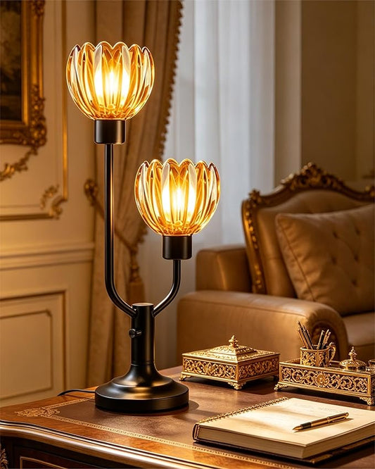 Lightdot Mid Century Modern Flower Table Lamp for Bedroom Dimmable Nightstand Lamp Amber Glass Vintage Black Desk Lamp 2 Bulbs Included Warmwhite Ambient Bedside Lamp for Living Room Home Office Decor
