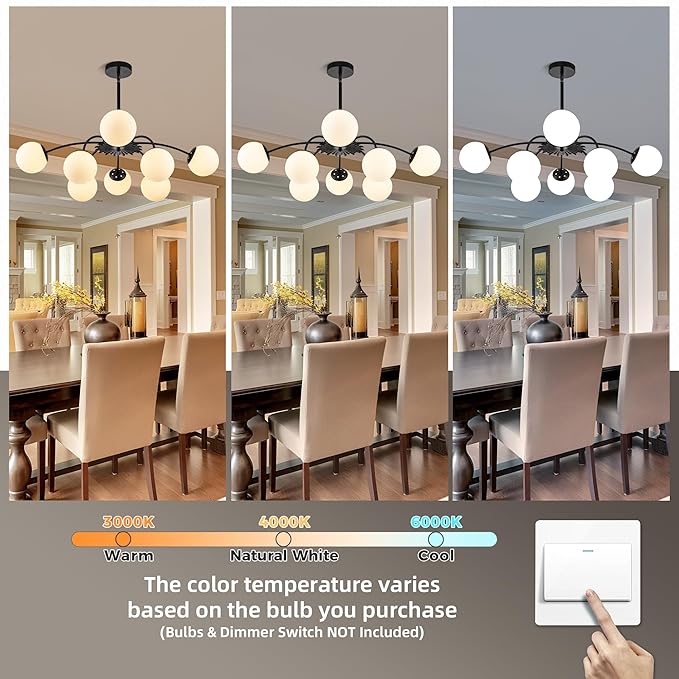 8-Light Milk Glass Pendant Light, 33" Sputnik Bubble Glass Chandelier Light Fixture, Hand Blown Semi Flush Mount Ceiling Chandeliers Lighting for Dining Room, Living Room (Black, 8-Light Chandelier)