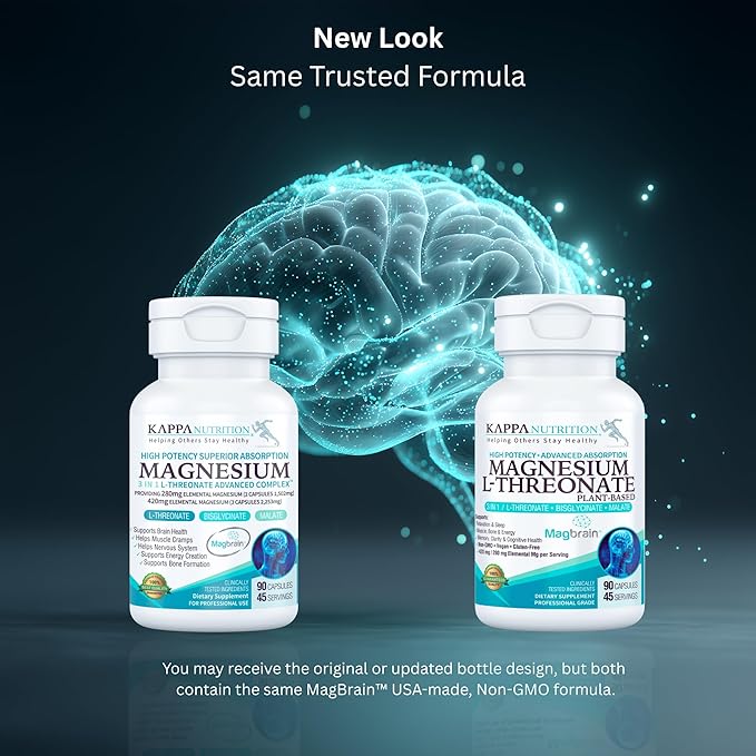 Kappa Nutrition alimenté par Magbrain™ Magnésium L-Thréonate végétal, 90 capsules véganes, 420mg de magnésium élémentaire (3 capsules) à partir de 2 253mg, soutien du cerveau, du sommeil et des muscles.