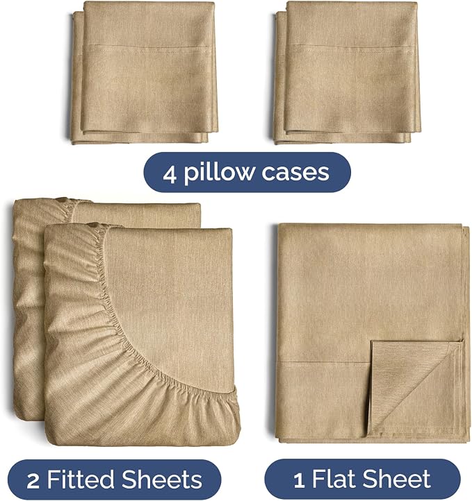Split King 7 Piece Sheet Set - Comfy Breathable & Cooling - Soft Hotel Luxury Bedding Set w/ 8-16 Inch Deep Pockets - 1 Flat & 2 Fitted Sheet & 4 Pillowcases - Wrinkle Free & Easy Care - Heathered Tan