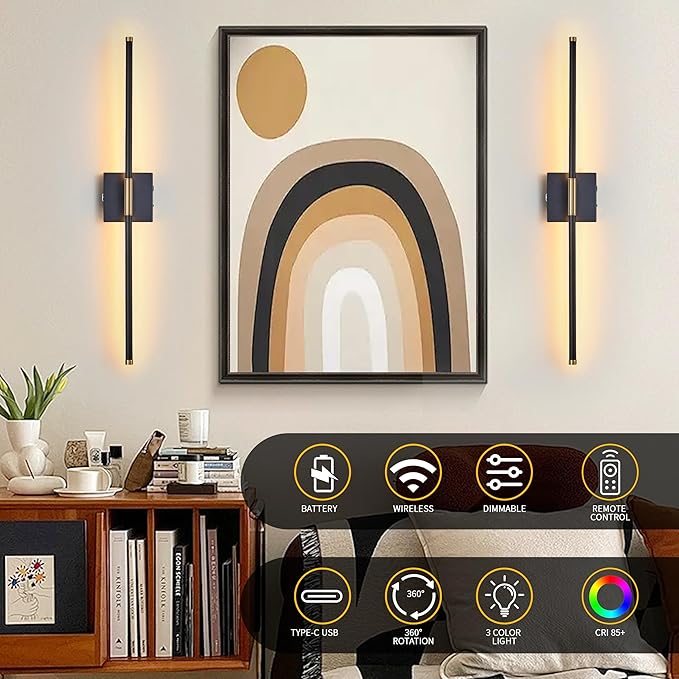15800 mAh Battery Operated Wall Sconces with Remote Control Dimmable Wall Sconces Set of Two 3000K LED Black and Brass Wireless Wall Light Battery Powered Cordless Rechargeable Sconces Wall Decor