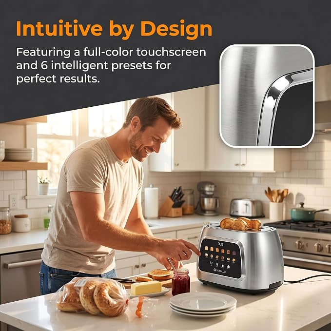 Tesslux 2 Slice Toaster with Touch Screen Control, 1.5" Wide Long Slots, 6 Browning Levels & 6 Bread Types, Digital Timer, Memory, Defrost, Reheat (Silver, 2 Slice)