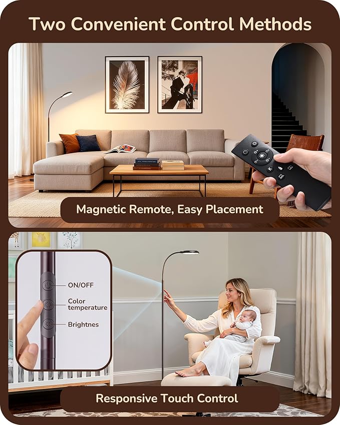 EDISHINE Modern LED Floor Lamp, 1300LM Bright Floor Lamps for Living Room, 4 Color Temperature Dimmable Reading Lamp, Remote & Touch Control, 2 Timer, Adjustable Gooseneck for Bedroom Office Brown