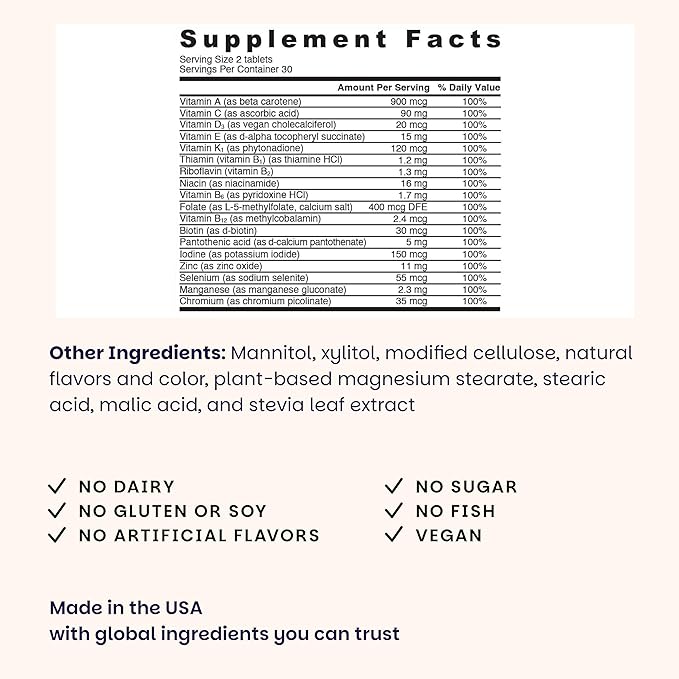 EZ Melts Multivitamin Without Iron - Daily Supplement with 18 Vitamins & Minerals - Contains Vitamin C, Folate, Biotin & More - Non-GMO & Vegan - Apple - 60 Dissolvable Tablets (30 Servings)