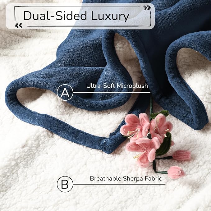 Electric Heated Blanket 90"x100" King Size for Safe All Night, Dual-Sided Microplush Sherpa for Bedroom Couch Use, 4 Heat Settings & 10 Hours Auto Off, Dual Controller, Machine Washable - Dark Blue