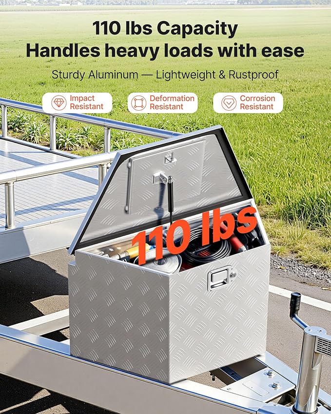 VEVOR Trailer Tongue Box, Heavy Duty Trailer Tongue Tool Box Storage Organizer with Lock & Keys, Utility Tool Chest for Pickup Truck Bed, RV, SUV, Off-Road Vehicle, Aluminum, 29" x 16.1" x 18", Silver