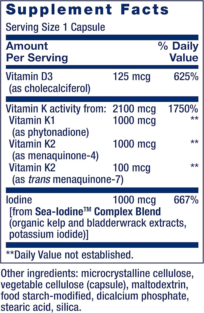 Life Extension Vitamines D3, K1, K2, Iode et D3 5000 UI pour le soutien immunitaire, osseux, artériel et thyroïdien