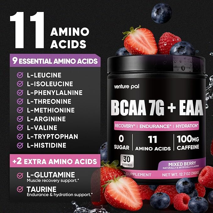 Sugar Free 7g BCAA + EAA Powder | Supports Muscle Recovery, Growth, Strength & Endurance – 11 Essential Amino Acids with L-Glutamine, Caffeine, Vitamin & Electrolyte for Energy & Hydration