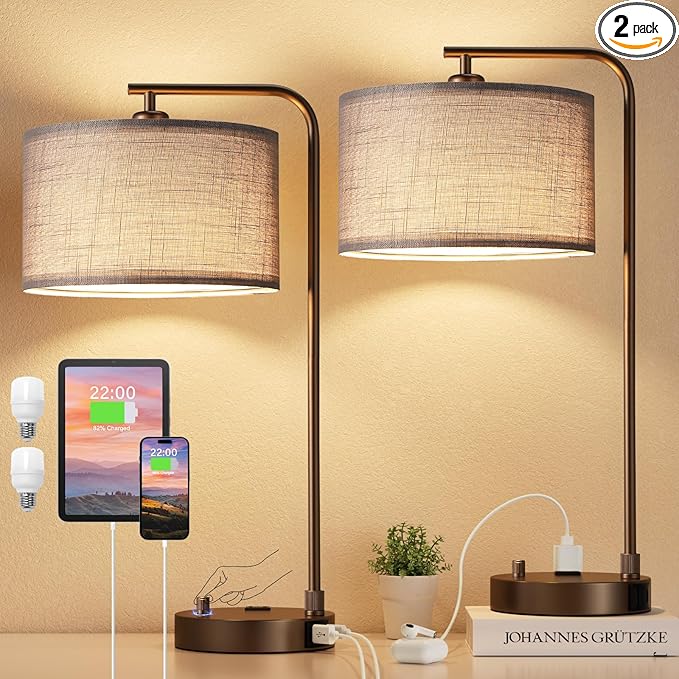 Innqoo Bedside Table Lamps for Bedroom Set of 2-Dimmable Nightstand Lamps with USB Port and Outlet,Modern Brown Lamps with Linen Shade,Tall Desk Lamps for Home Office Bedroom Living Room End Table