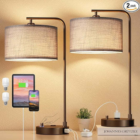Innqoo Bedside Table Lamps for Bedroom Set of 2-Dimmable Nightstand Lamps with USB Port and Outlet,Modern Brown Lamps with Linen Shade,Tall Desk Lamps for Home Office Bedroom Living Room End Table