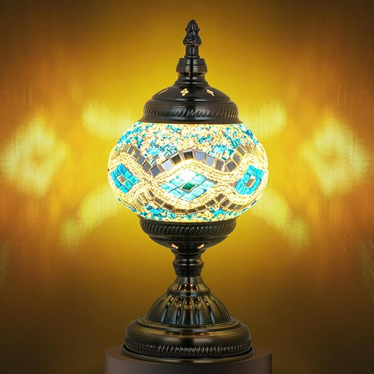 Marrakech Tiffany Lamp Morrocan Table Lamp with Vintage Style, Handmade Turkish Mosaic Lamps with Bronze Base Including LED Bulb for Living Room Bedroom Decor (Blue)