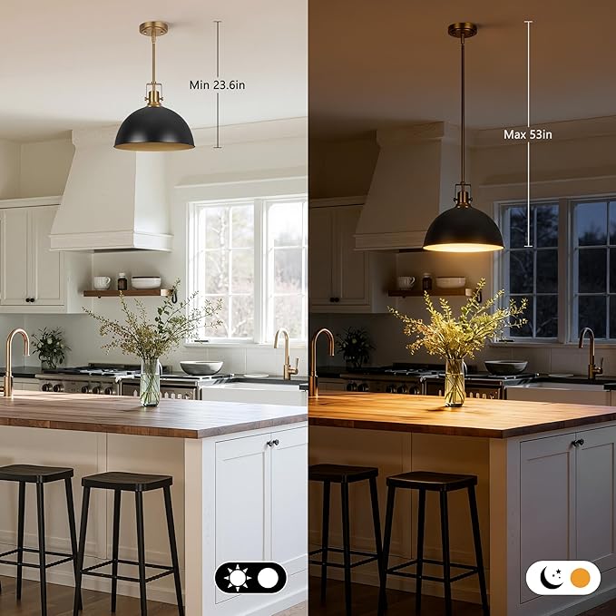 LamQee 13 Inch Black and Gold Metal Pendant Light Kitchen Island, Farmhouse Modern Dome Pendant Light Fixtures Ceiling Hanging Lighting Chandelier for Dining Room Over Table, Bar, Hallway, Entryway
