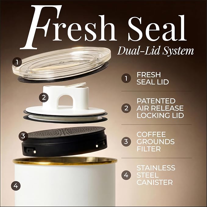 STYLED SETTINGS Vacuum Coffee Canister with Airtight Lid - Dual-Lid Airtight Coffee Canister with Scoop and Label for Beans and Grounds, Food Storage Container -White and Gold Kitchen Accessories