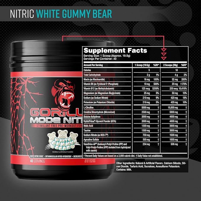 Pre-Workout Stimulant-Free Gorilla Mode Nitric Amélioré – Le Pre-Workout Stimulant-Free le Plus Goûteux et le Plus Efficace / Pompes Musculaires Massives · Vasodilatation · Puissance / 780 Grammes (Oursons Gélifiés Blancs)