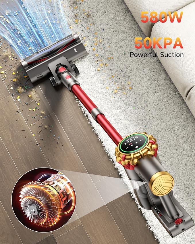 Cordless Vacuum Cleaner, 185AW Powerful Vacuum Cleaner for Home, 65 Mins Stick Vacuum with Self-Stand Design, Anti-Tangle, Lightweight Vacuum Cordless for Hardwood Multi-Surface Floor Carpet Pet Hair