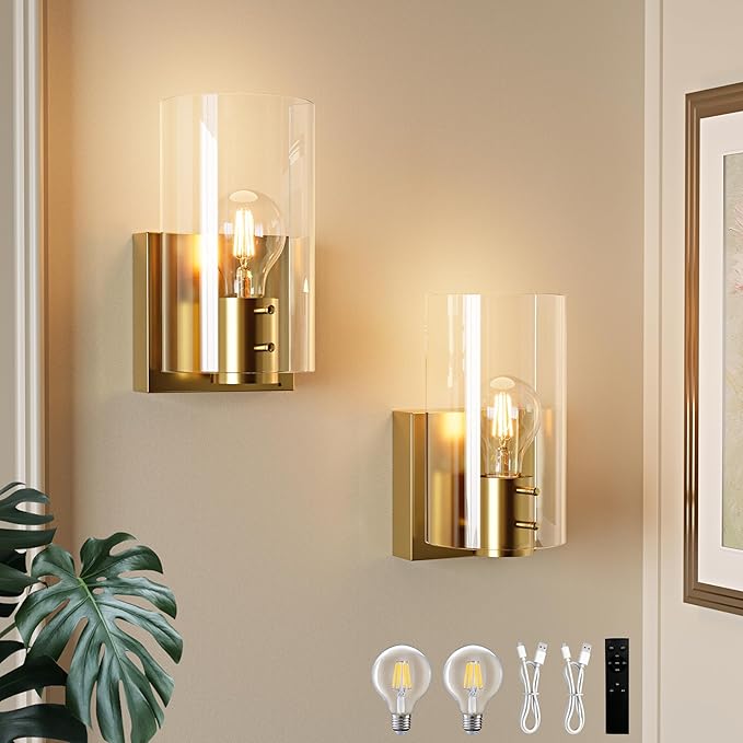 Morauroral Gold Battery Operated Wall Sconces Set of Two, Rechargeable Wall Sconce with Dimmable Remote, Indoor Wall Lights Warm Light for Living Room Bedroom with Glass Shade (Bulbs Included)