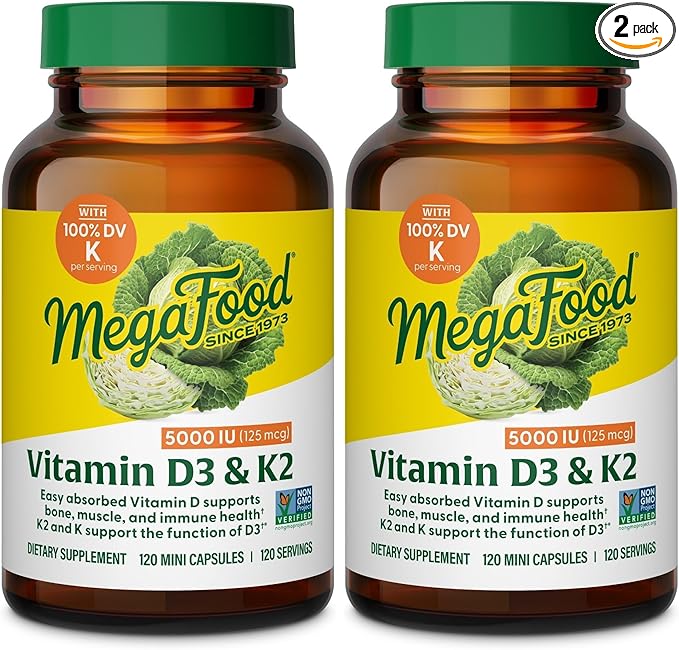 MegaFood Vitamine D3 5000 UI (125 mcg) - Compléments végétariens avec Vitamine D3 K2 - Soutient la santé des os, des dents, des muscles et du système immunitaire - Certifié sans OGM - 120 mini-capsules, 120 portions (lot de 2)