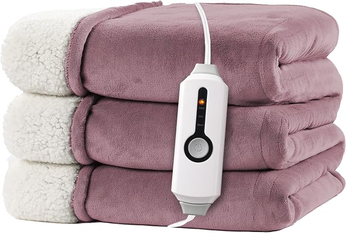 Electric Heated Blanket Twin Size 62"x84" – ETL Certified for Safe Overnight, 4 Heat Settings & 10H Auto Off, Dual-Sided Microplush Sherpa for Home Theater Night, Machine Washable – Berry