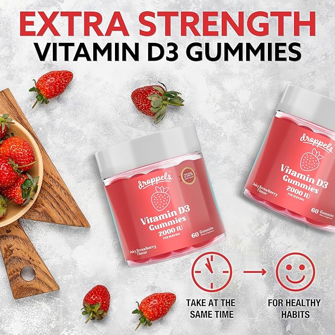 Droppels Vitamine D3 Gommes 2000 UI – Force supplémentaire, Végétarien, Vitamine D en Gommes à base de Pectine Végétale pour la Santé des Os – Saveur Fraise juteuse, 60 Unités (Approvisionnement d'1 Mois)