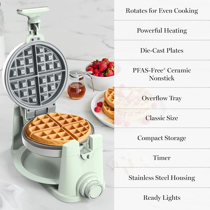 Martha Stewart Rotating Waffle Maker, 180° Flip Iron with PFAS-Free Nonstick Plates, Adjustable Timer, Ready Light, Drip Tray, Space Saving, Classic Round 7”, Easy to Clean, Stainless Steel, Honeydew