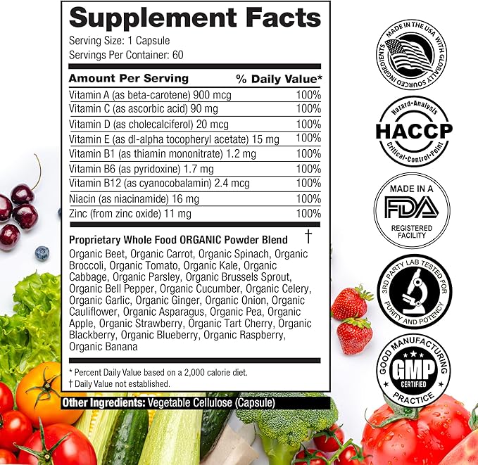 FeelGood Superfoods ヴィータフルーツ＆ベジタブルカプセル - 25種類のスーパーフード成分、フルーツと野菜のマルチビタミン、60粒入り - 男女兼用 - ビタミンA、C、D、E、B群、亜鉛配合
