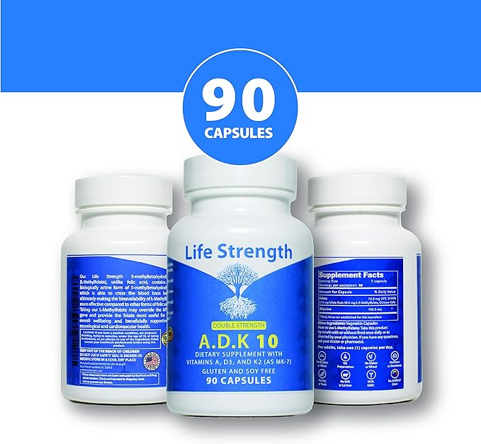 ADK 10 Supplement (180 Count) - Physician Formulated Vitamins A1, D3 & K2 (as MK7) for Bone Health - Immune System Support - Gluten Free, Soy Free, Non-GMO - 90 Capsules