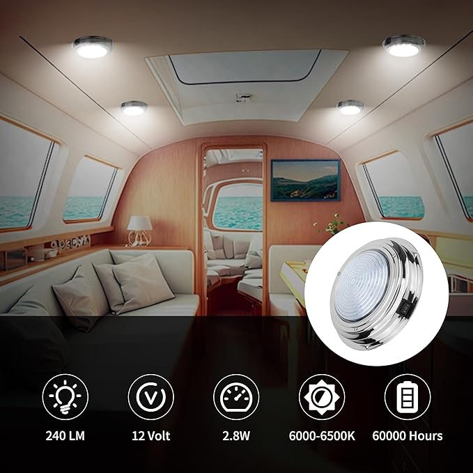 RVZONE Marine Boat Dome Light 12V LED Marine Lights Interior with Toggle Switch 7" LED Boat Cabin Lighting with Stainless Steel Surface Mount
